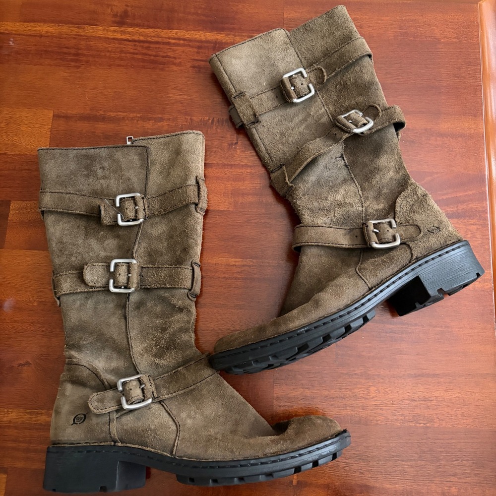 Born Tessa Brown Tan Suede Leather Triple Buckle Biker Moto Distressed Boots 9.5 - Picture 6 of 10